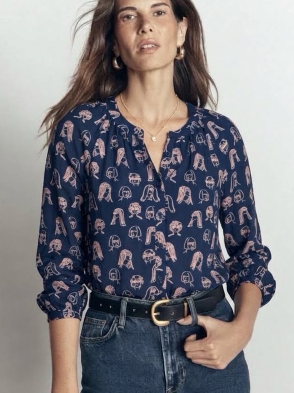 Boden Naomi Womens Faces Novelty Print Collarless Button Down Blouse Size 2 Navy